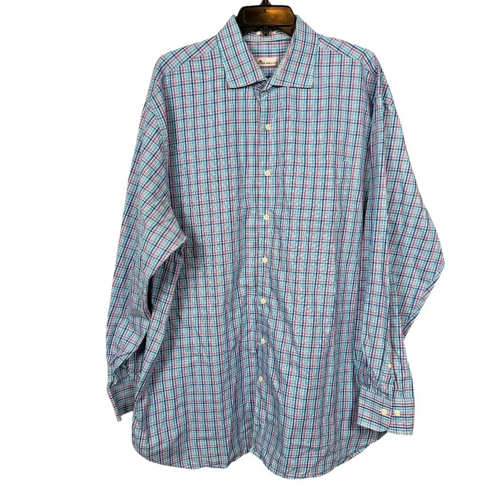 Peter Millar Button Up Shirt Mens XXL Blue Pink Plaid Preppy Casual Classic